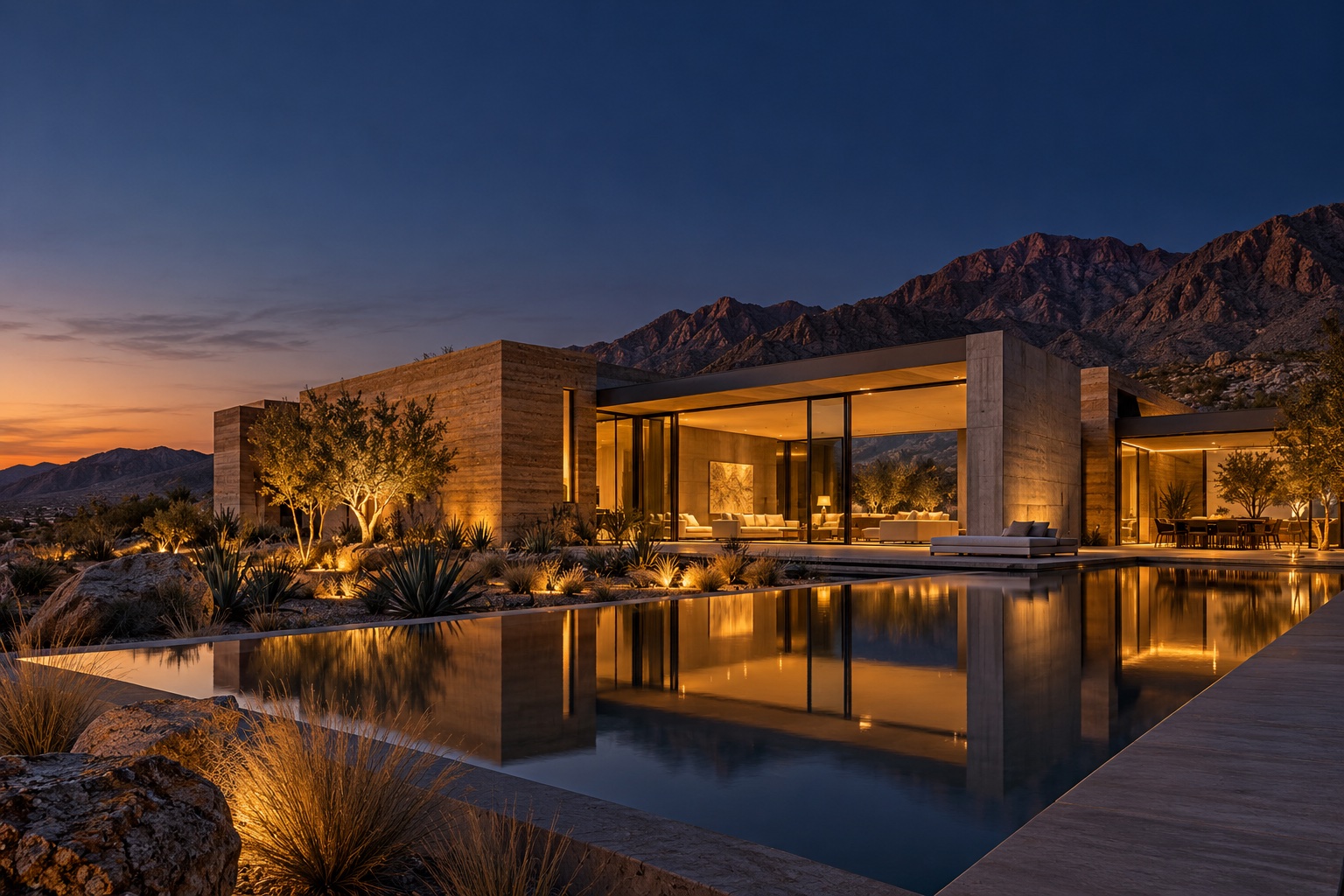 Fictional modern desert house with amber interiors reflected in a pool at dusk