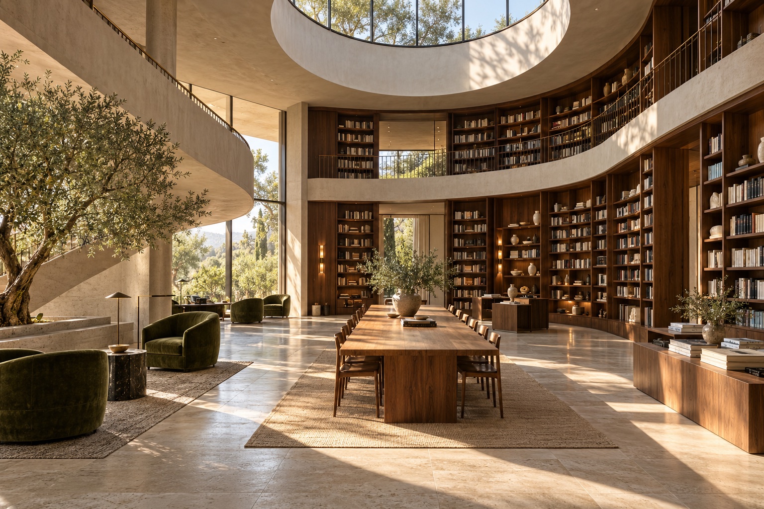 Concept reading lounge with curved walnut shelves and circular skylight